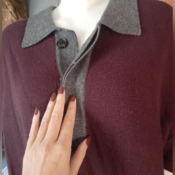 Zara Wool Blend Burgundy Polo Style Sweater with Gray Collar - Picture 11 of 14